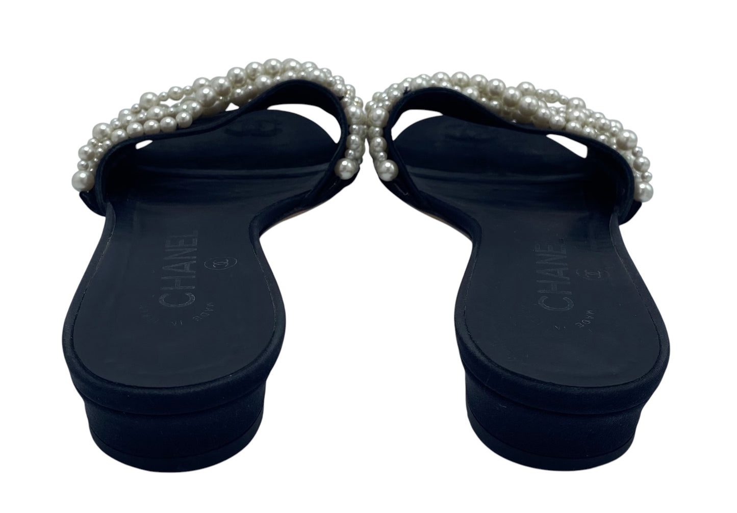 Chanel Classic Black White Pearl Slides Flats Sandals EU 39