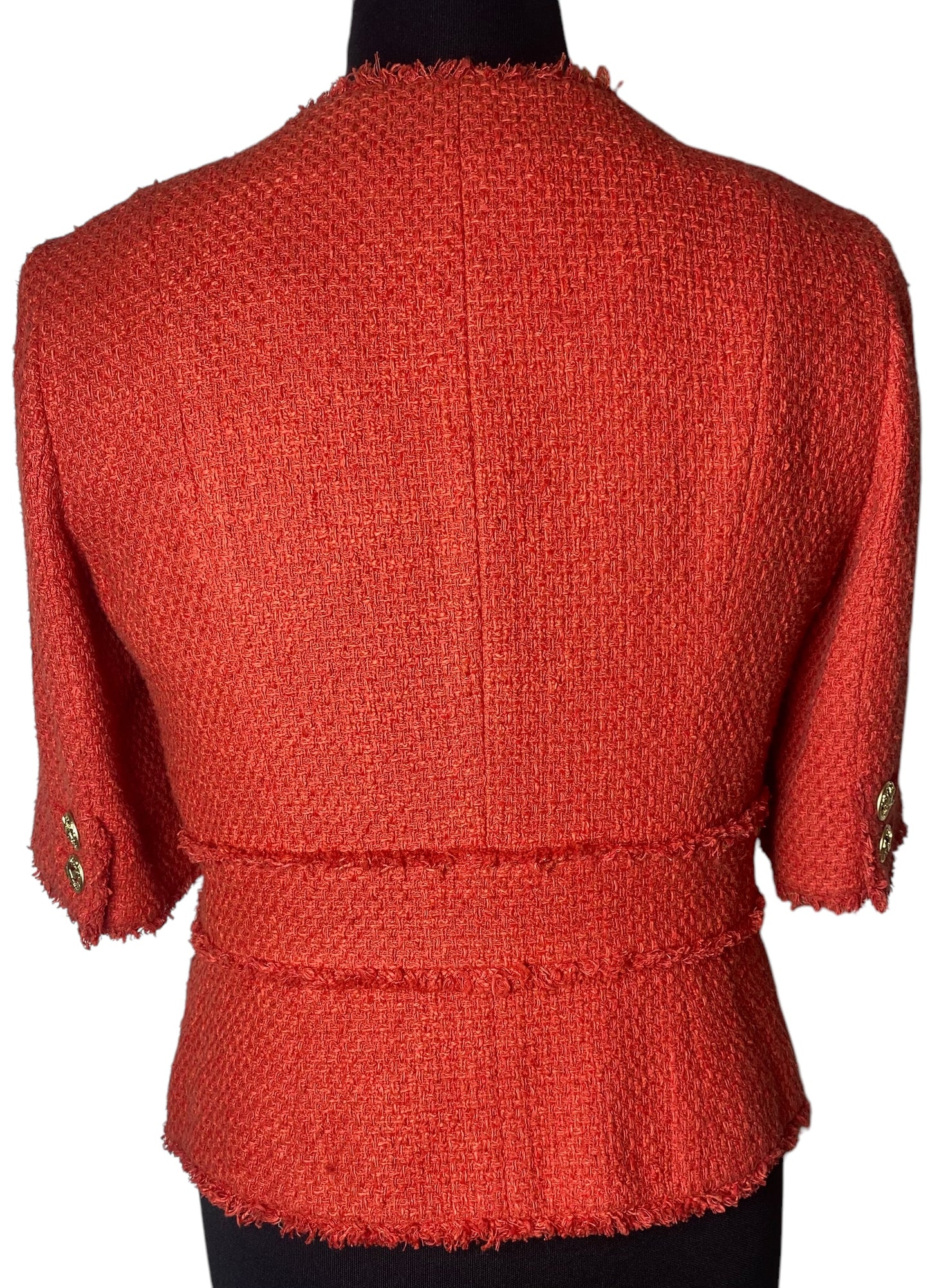 Chanel 10P Runway Red Boucle Tweed Fringe Jacket FR 44