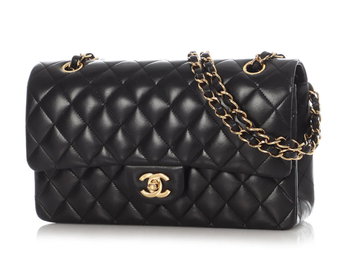 Chanel Classic Timeless Double Flap Medium Lambskin Black Shiny Gold Hardware
