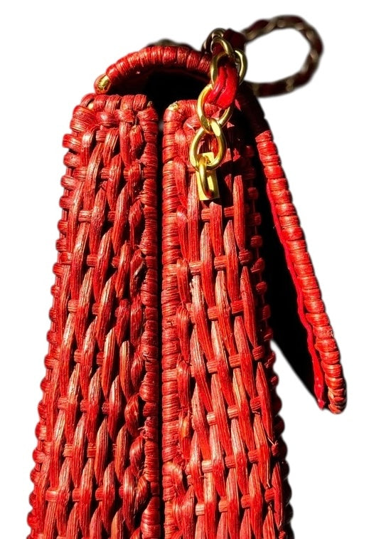 Chanel Extremely Rare 2001 Spring Red Wicker Basket Classic Flap Handbag with Matte Gold Hardware