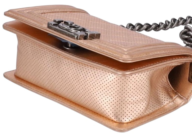 Chanel 15C Paris Dubai Rose Gold Metallic Calfskin Perforated Small Boy Flap Bag