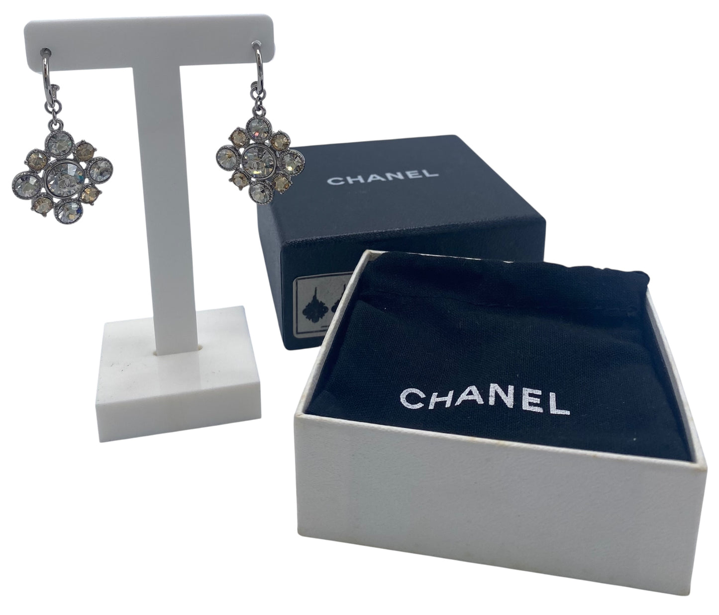 NIB Chanel Classic Crystal CC Hoop Dangle Drop Earrings