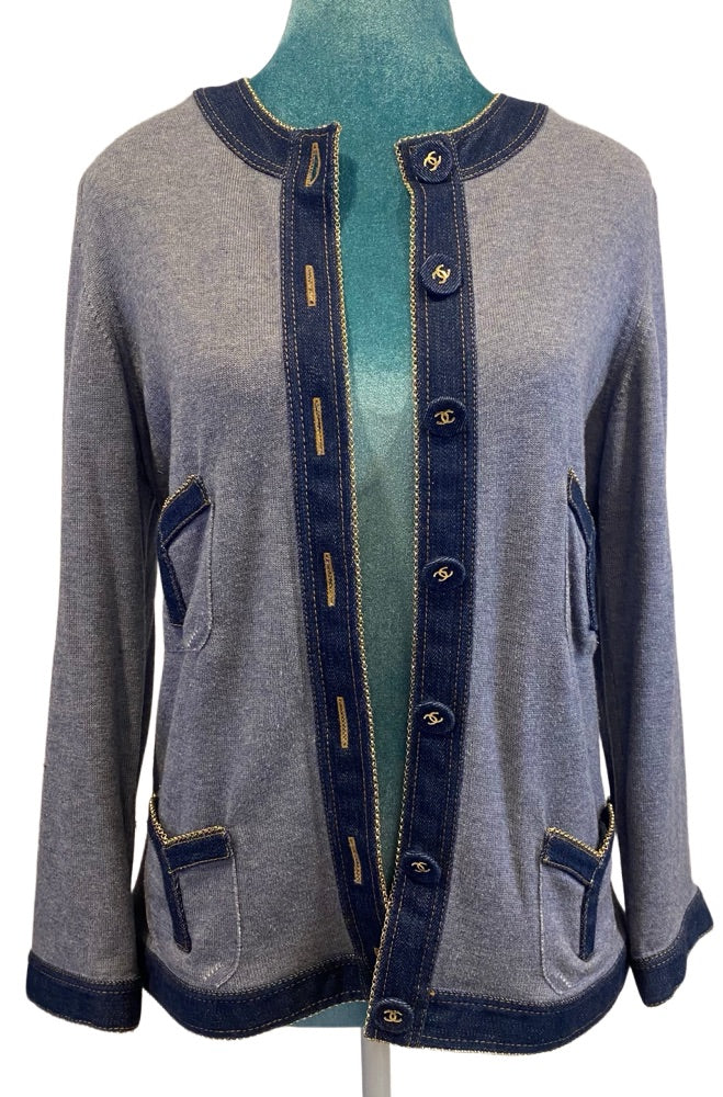 Chanel 07P Spring Blue Denim Trim Chain Link Cardigan Jacket Size FR 40/42