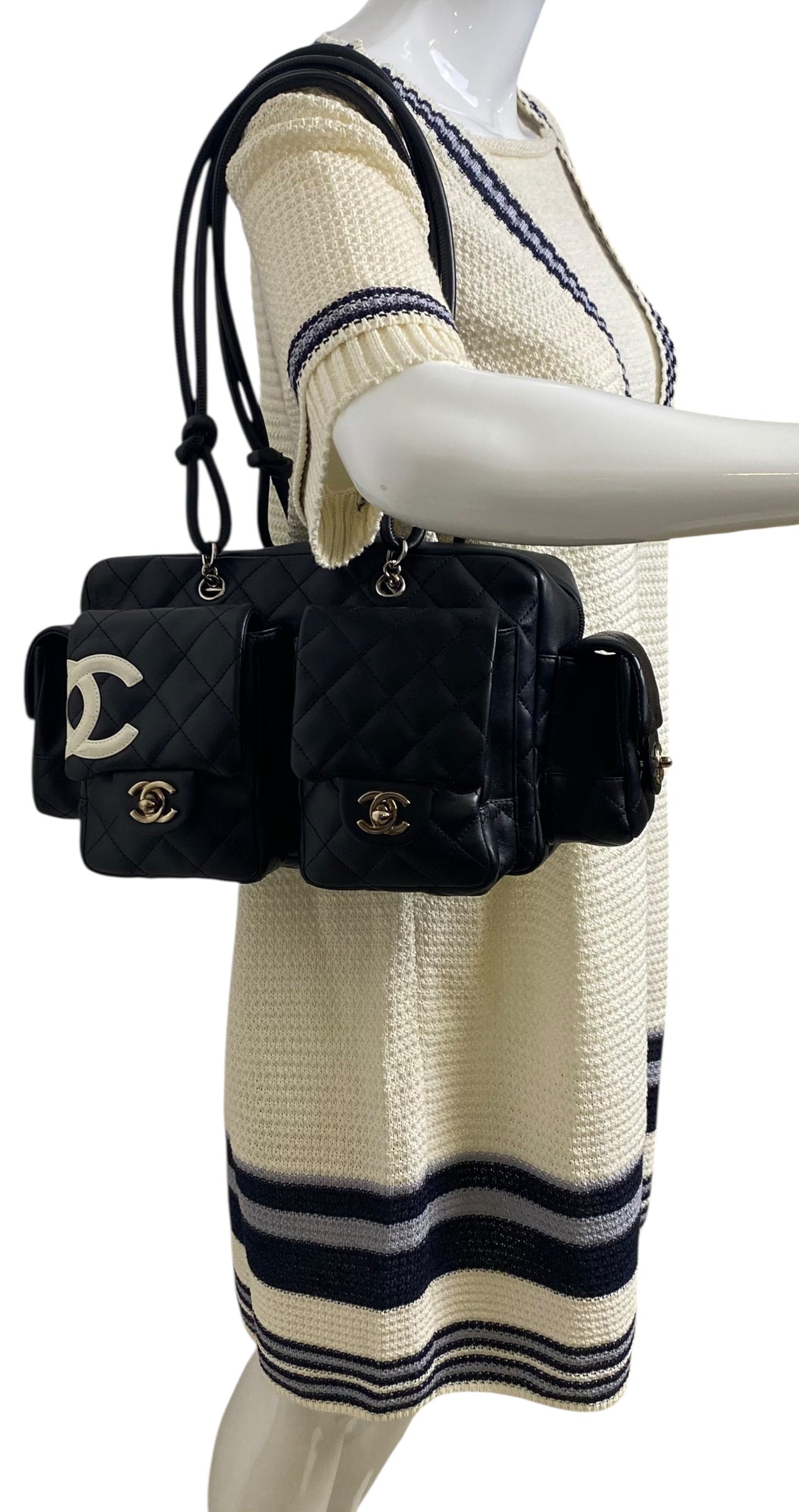 Chanel 14C Ecru Navy Black Varsity Knit Dress FR 44