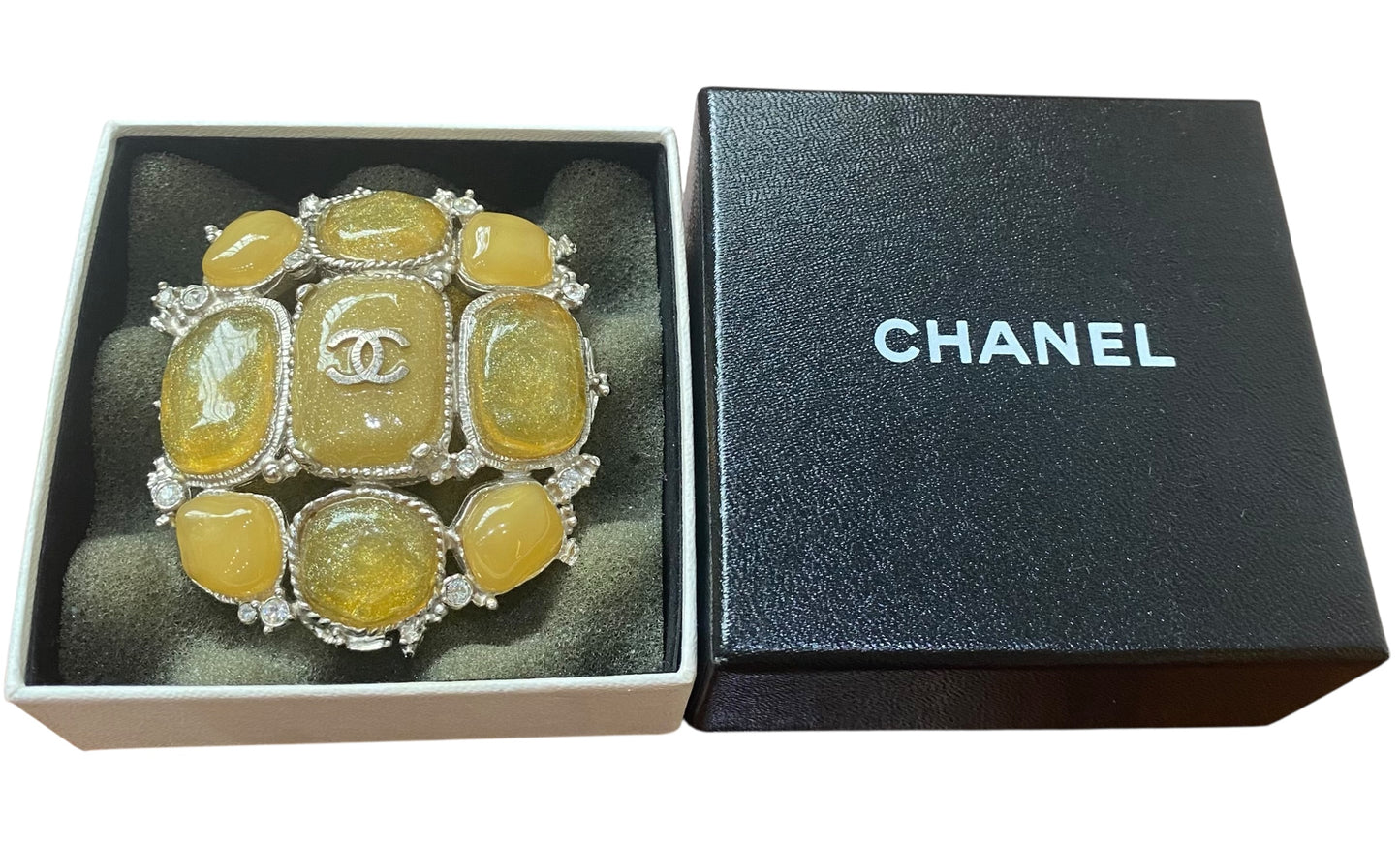 Chanel 10A XL CC Yellow Cabochon Stones Gold Crystals Brooch