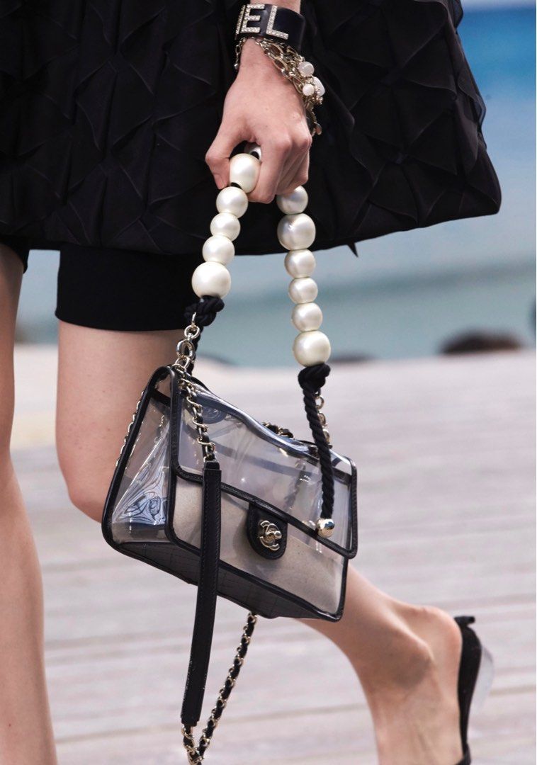 Chanel 19S Runway Medium Black Lambskin PVC Sand By The Sea Pearl Strap Flap Bag