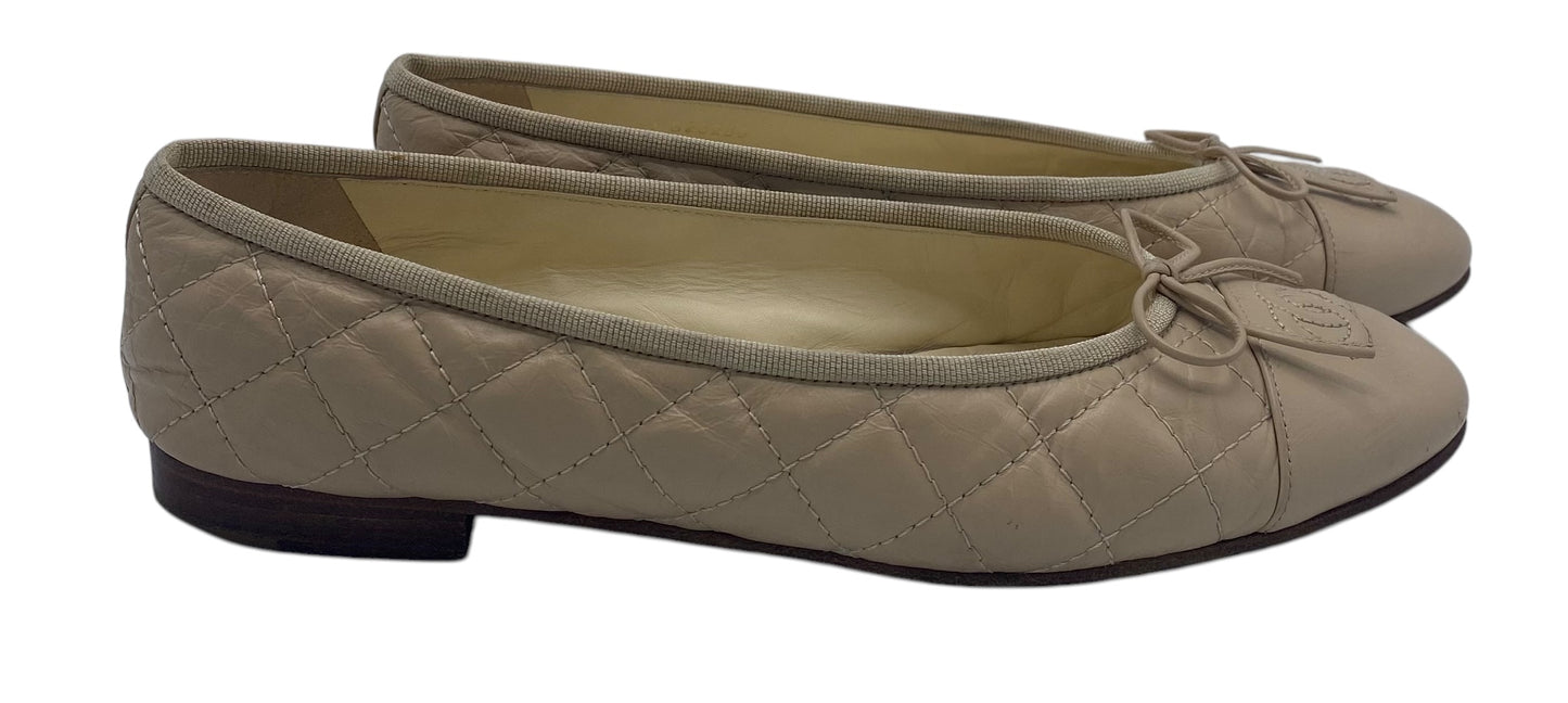 Chanel Beige Quilted Leather CC Bow Ballet Flats EU 38.5