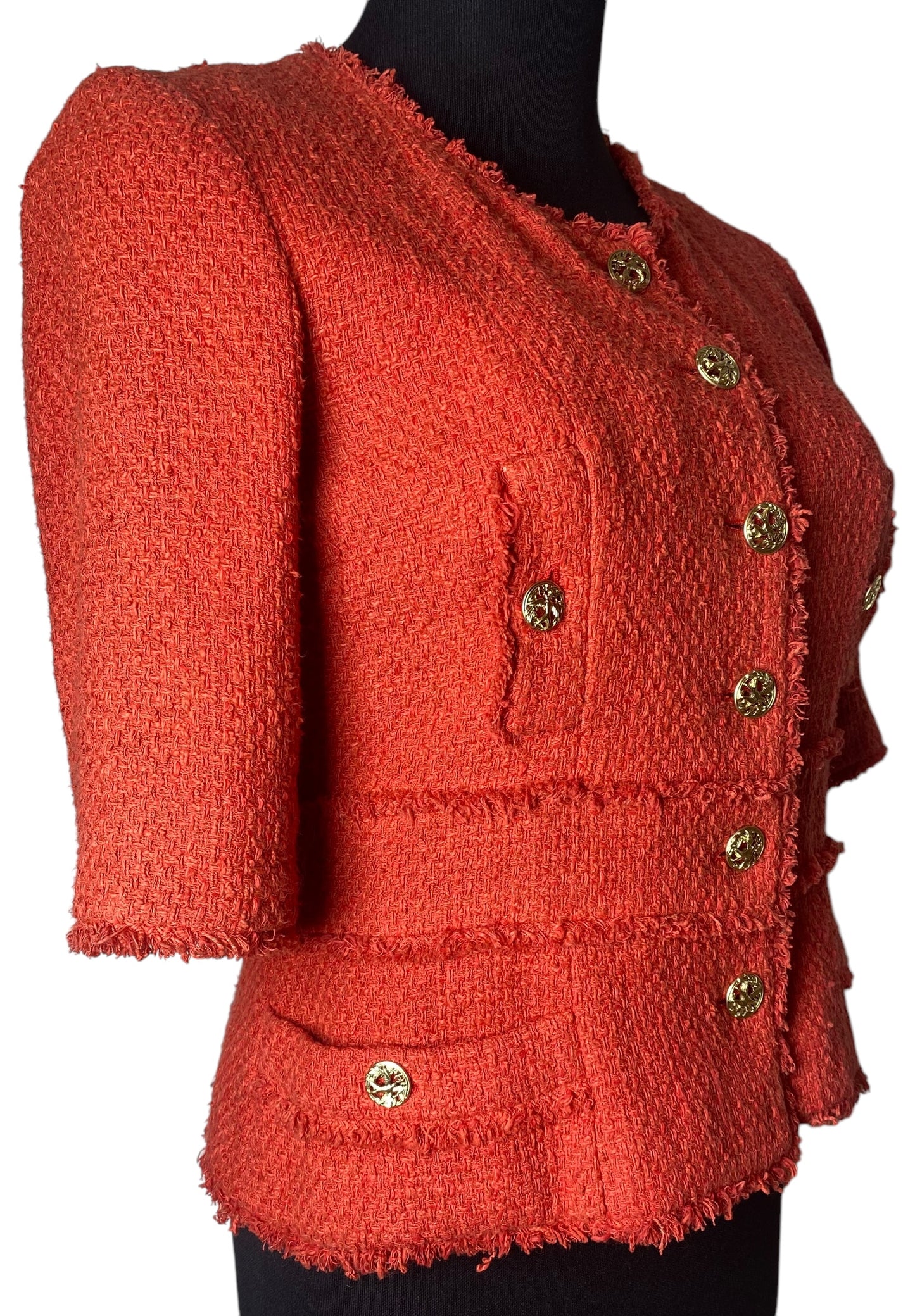 Chanel 10P Runway Red Boucle Tweed Fringe Jacket FR 44