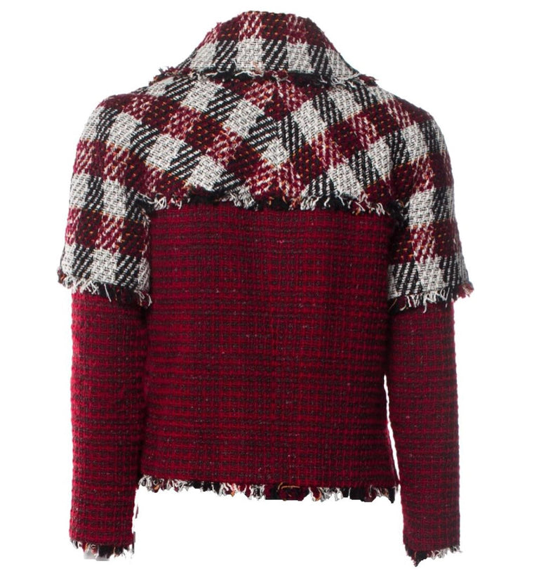 Chanel 16A Runway Burgundy Plaid Tweed Fringe Jacket FR 40