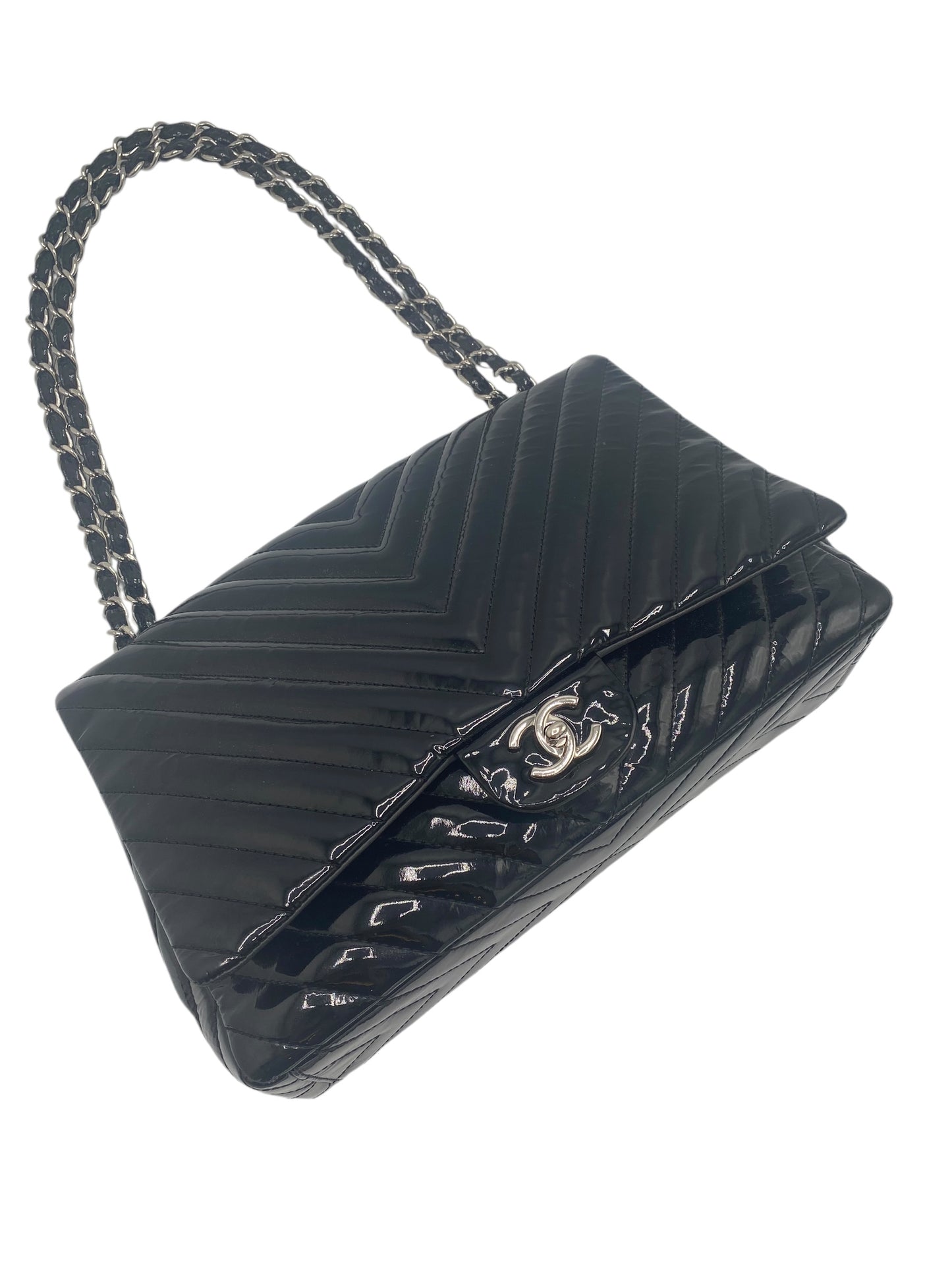 Chanel Black Maxi Patent Chevron Classic Flap Bag