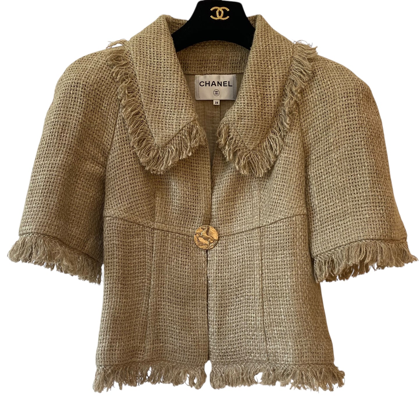 Chanel 18C Paris Greece Beige Horse Motif Button Raffia Linen Jacket FR 38