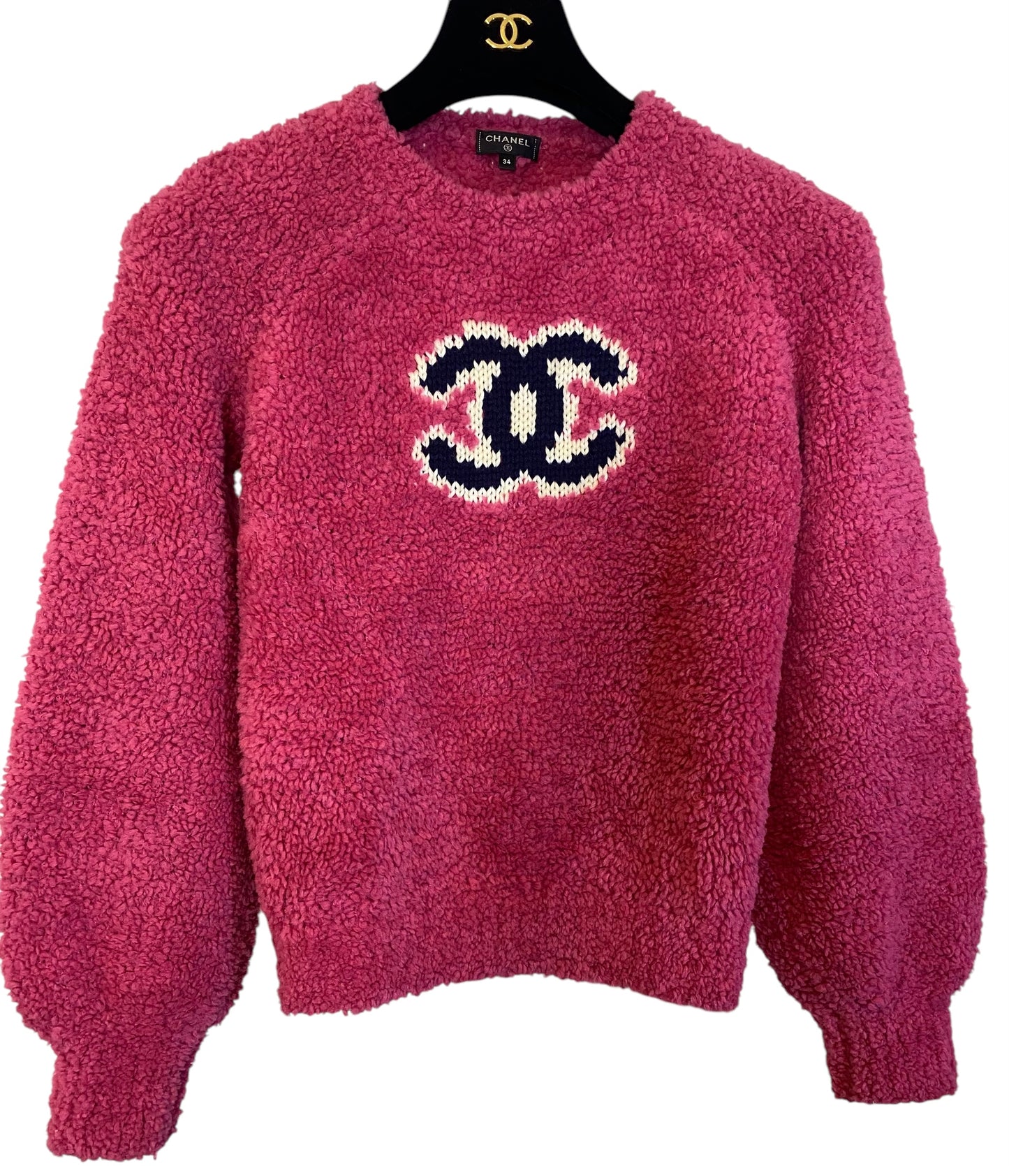 Chanel 19A Pink CC Teddy Sweater Wool Jumper FR 34