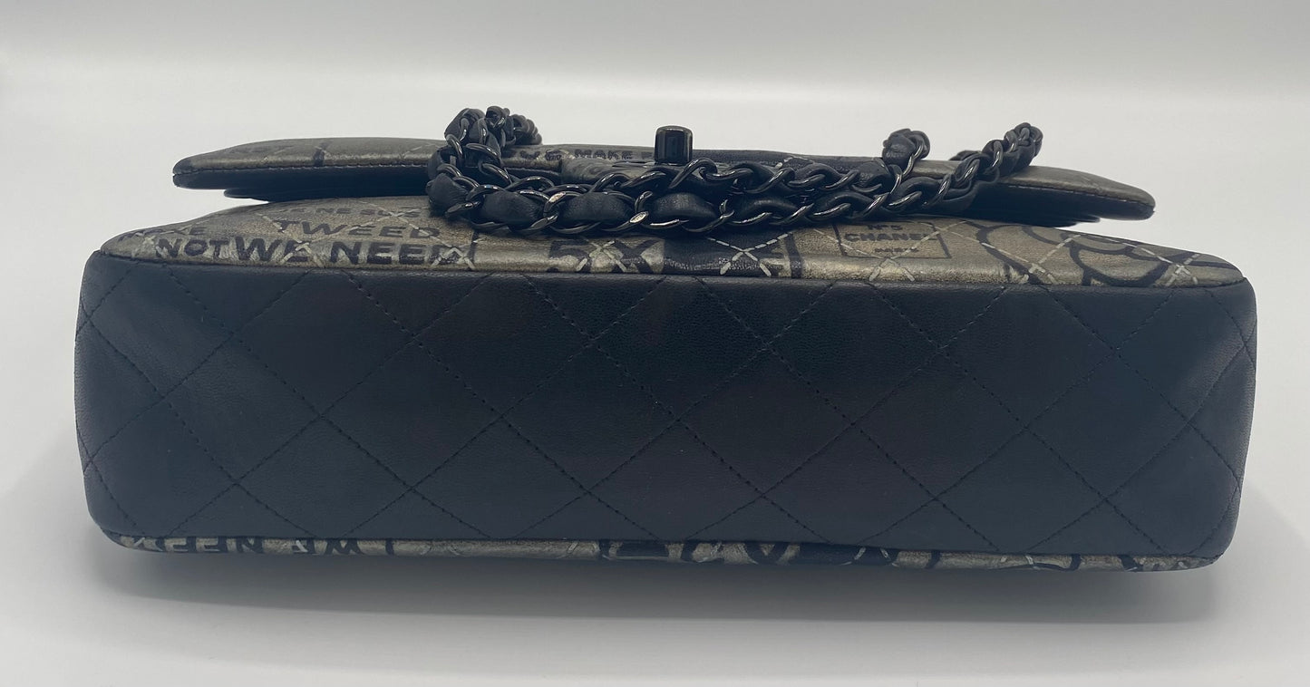 CHANEL 2015 GRAFFITI NEWSPAPER MEDIUM CLASSIC DOUBLE FLAP BAG SO BLACK