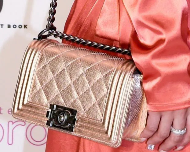 Chanel 15C Paris Dubai Rose Gold Metallic Calfskin Perforated Small Boy Flap Bag
