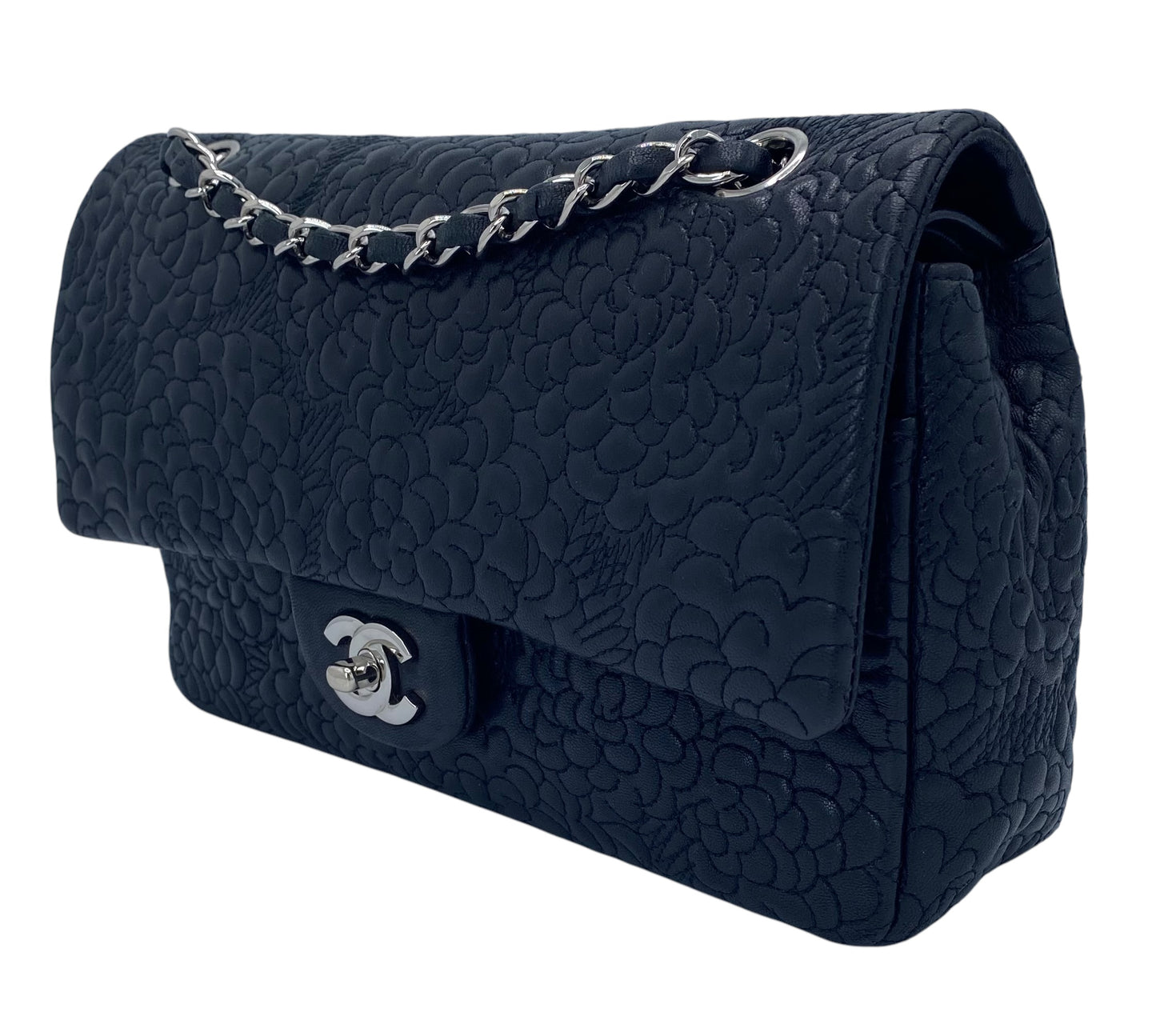 Chanel Black Camellia Embossed Lambskin Classic Timeless Medium Double Flap Bag SHW