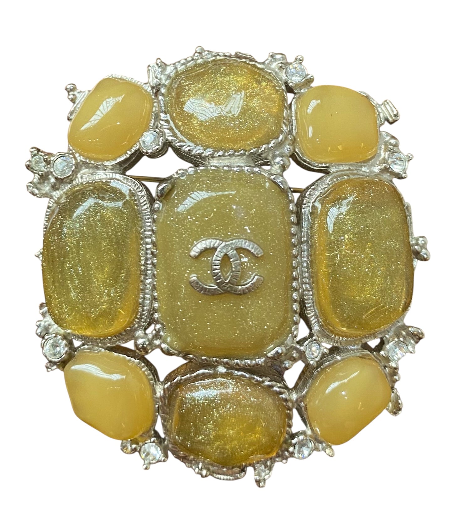 Chanel 10A XL CC Yellow Cabochon Stones Gold Crystals Brooch