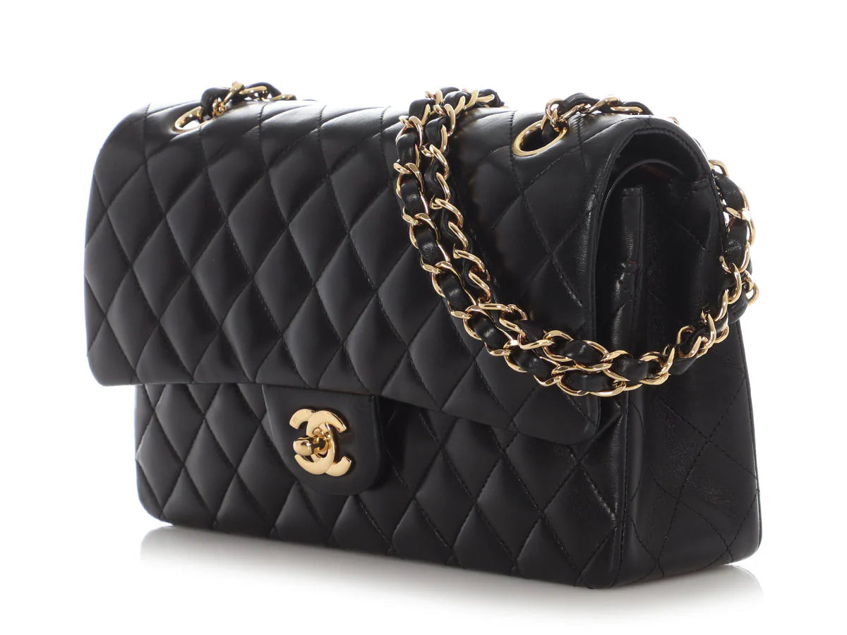 Chanel Classic Timeless Double Flap Medium Lambskin Black Shiny Gold Hardware