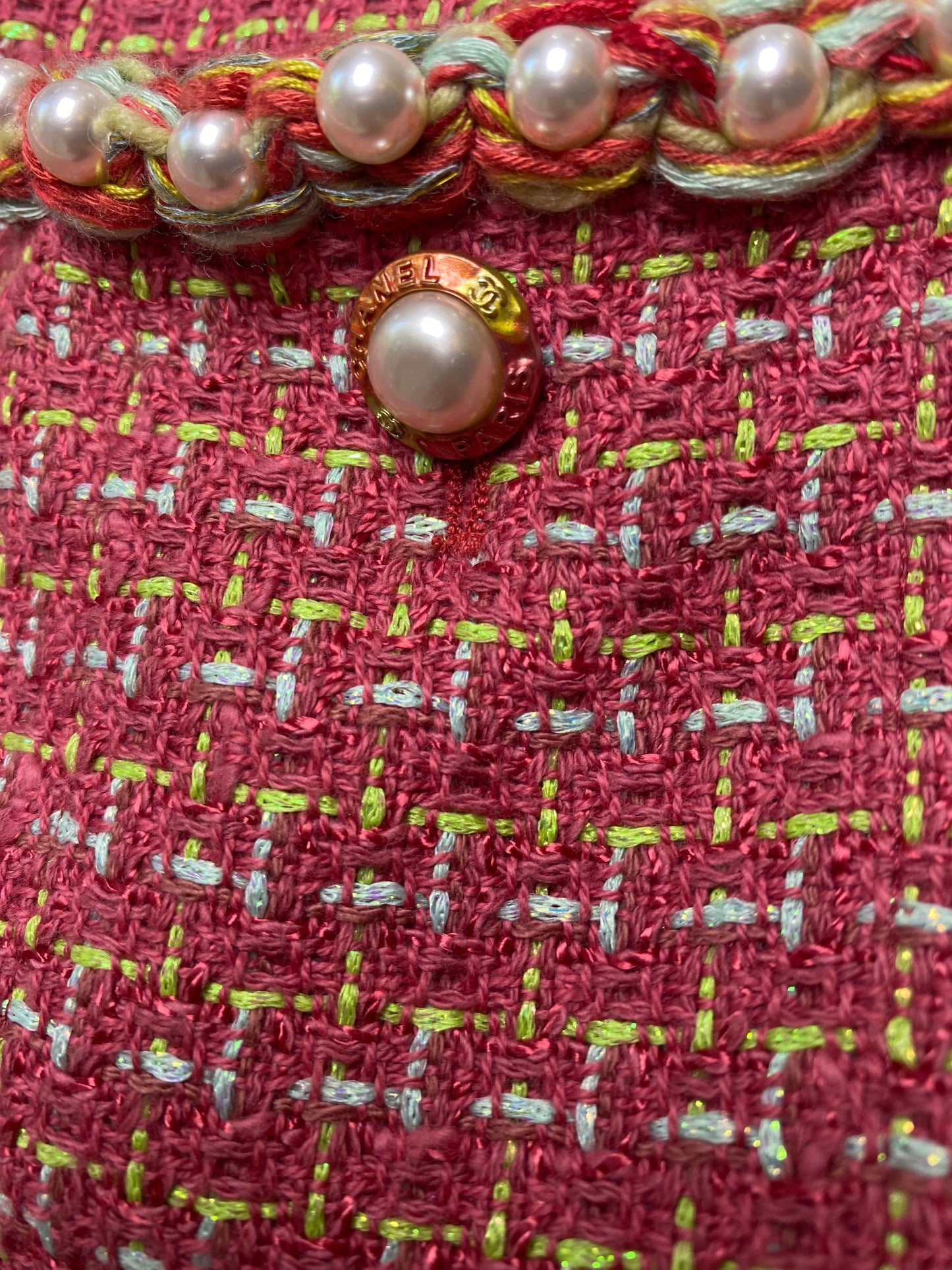 Chanel 17S Red Multicolor Pearl Trim Tweed Waistcoat Vest FR 40