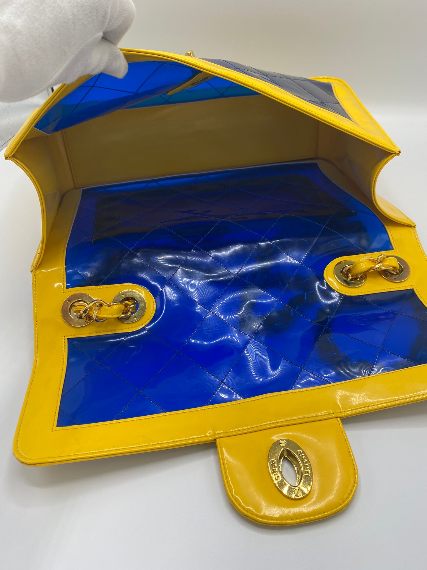 Extremely Rare Gem! 95P Barbie Bicolor Yellow and Blue Vinyl Maxi PVC Patent Flap Bag!