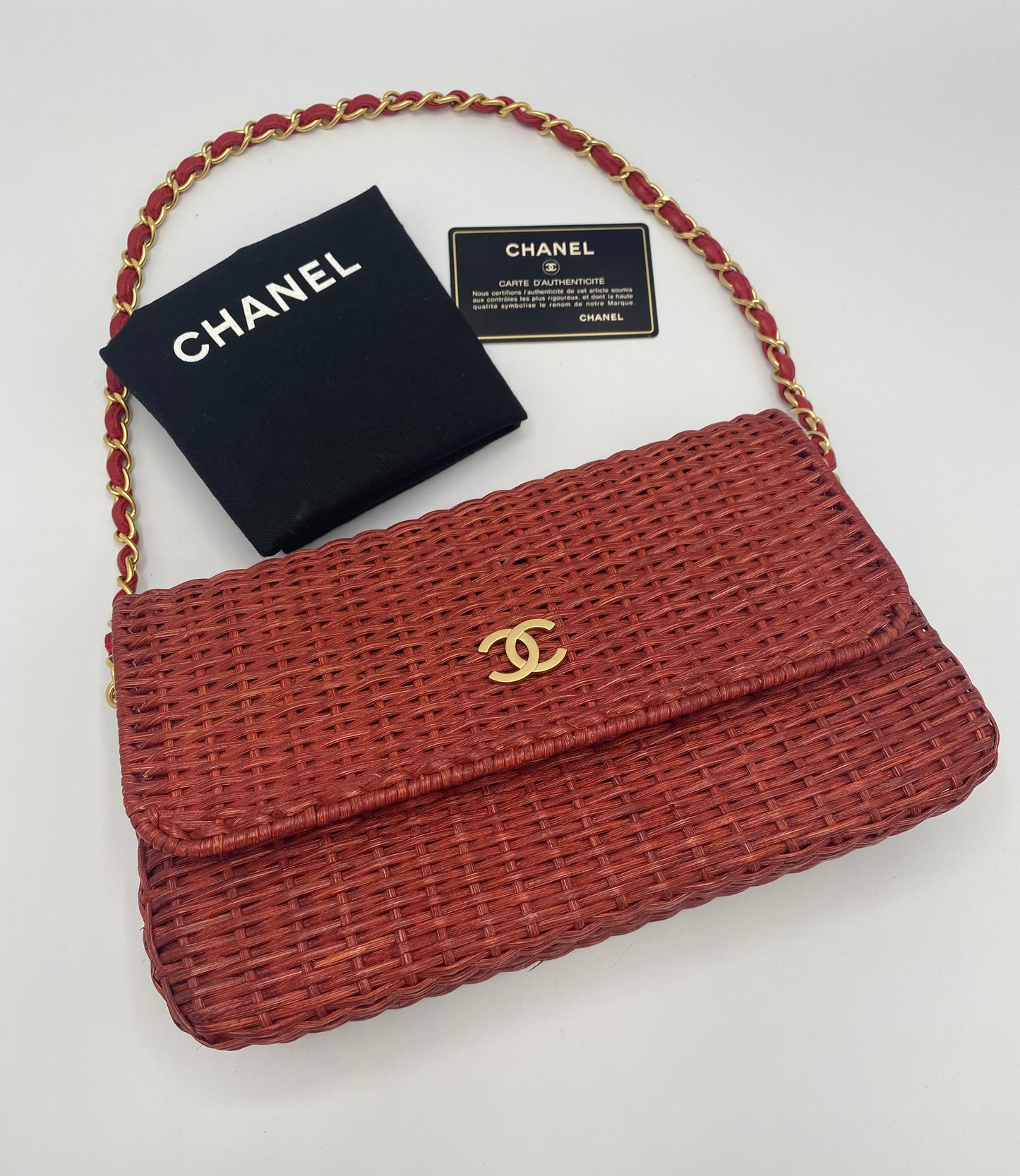 Chanel Extremely Rare 2001 Spring Red Wicker Basket Classic Flap Handbag with Matte Gold Hardware