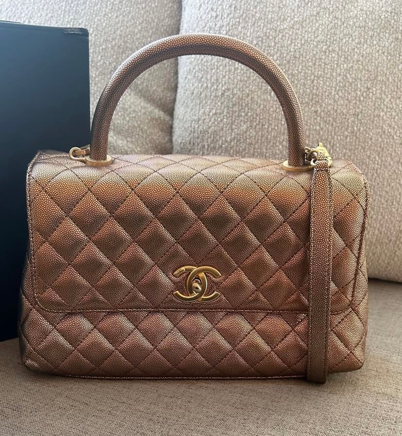 Chanel 19A Medium Metallic Rose Gold Copper Caviar Quilted Timeless Coco Handle Flap Bag