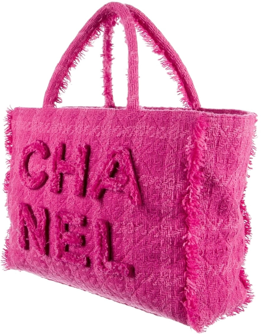 Chanel 19K Giant Large Logo Pink Fuscia Wool Tweed Shopping Bag GHW