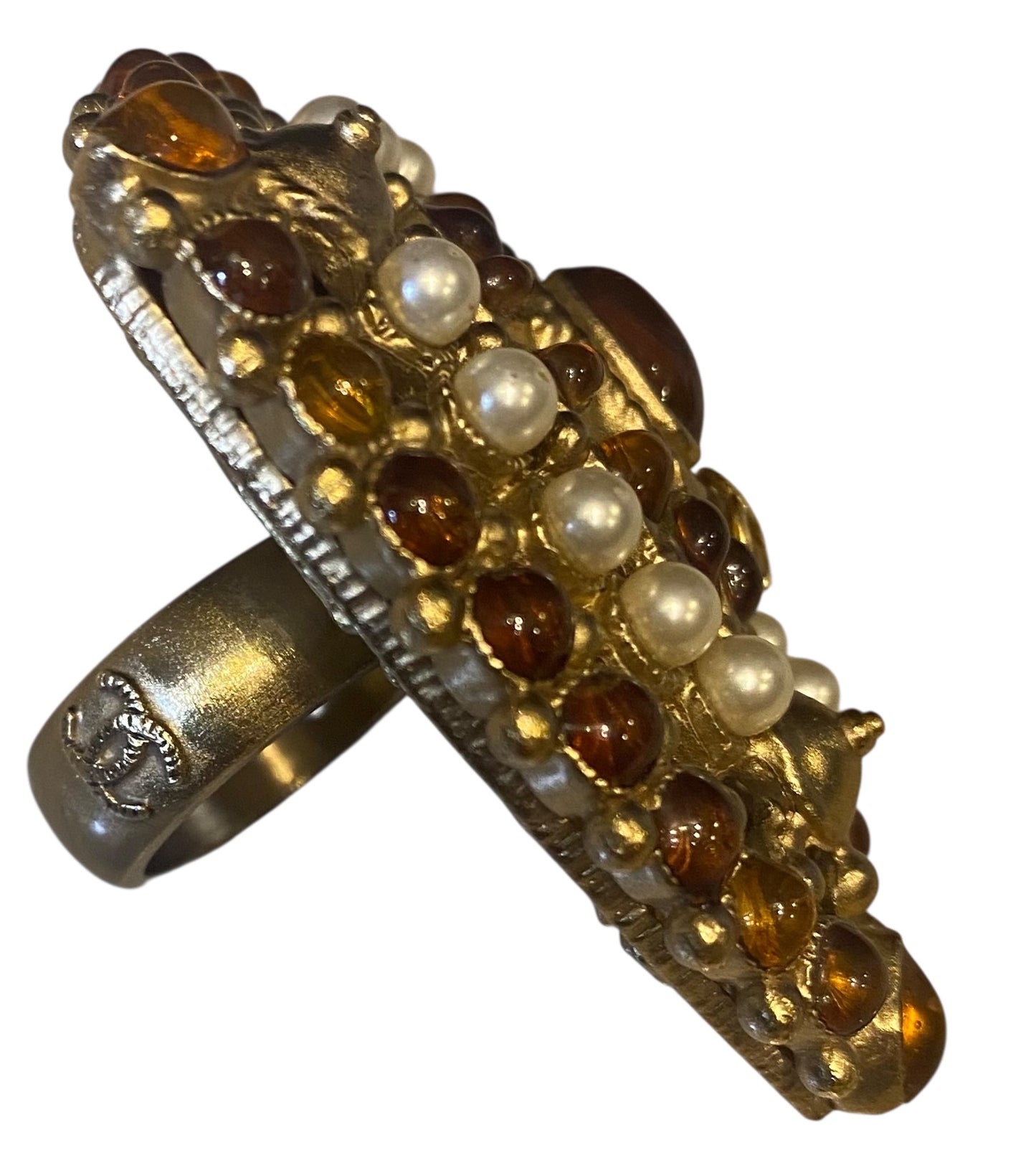 Rare XL 11C Saint Tropez Runway Statement Gold Gripoix Pearl Ring Size US 6 EU 52