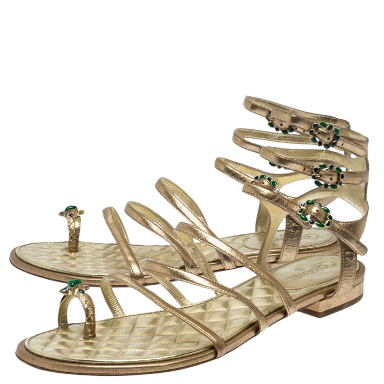 Chanel 15P Gold Metallic Jeweled Gladiator Sandal Flats EU 38.5