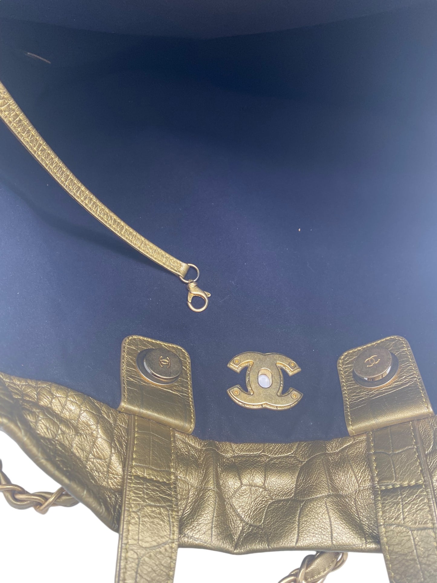 Chanel 19A Paris-New York Egyptian Limited Edition Croc Embossed Gold Leather Shopping Tote