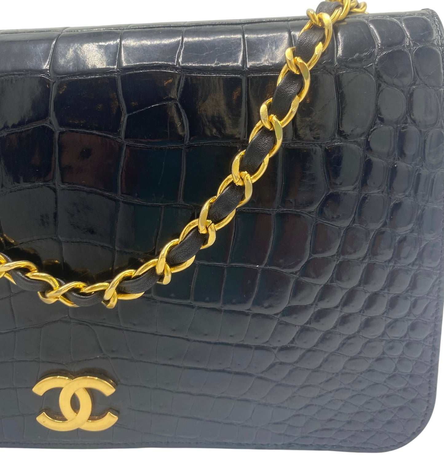 RARE Vintage 1984 Chanel Black Croc Flap Bag 24K Gold Hardware