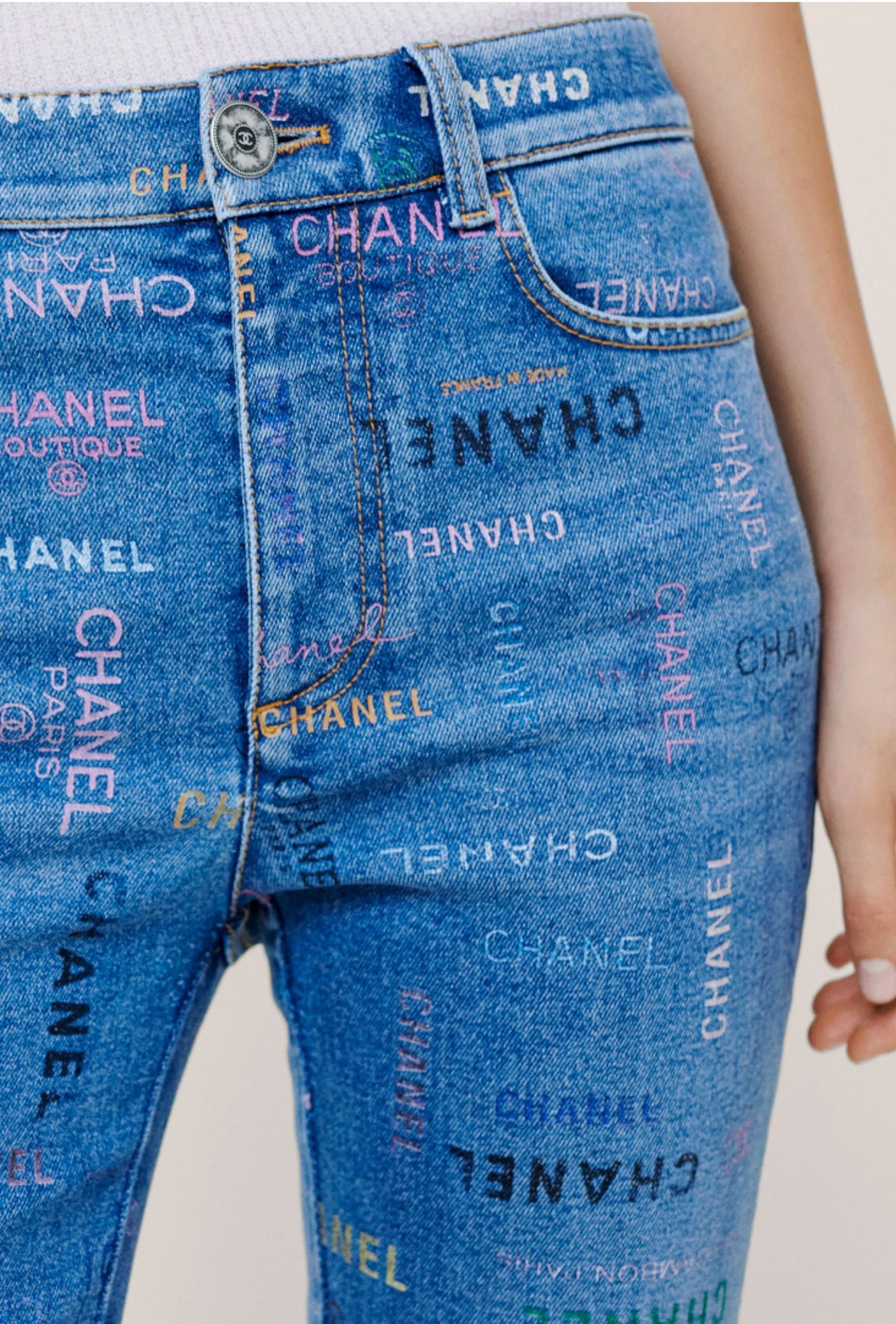 CHANEL 22P Blue & Multicolor Printed Stretch Denim Jeans FR 40