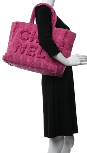 Chanel 19K Giant Large Logo Pink Fuscia Wool Tweed Shopping Bag GHW
