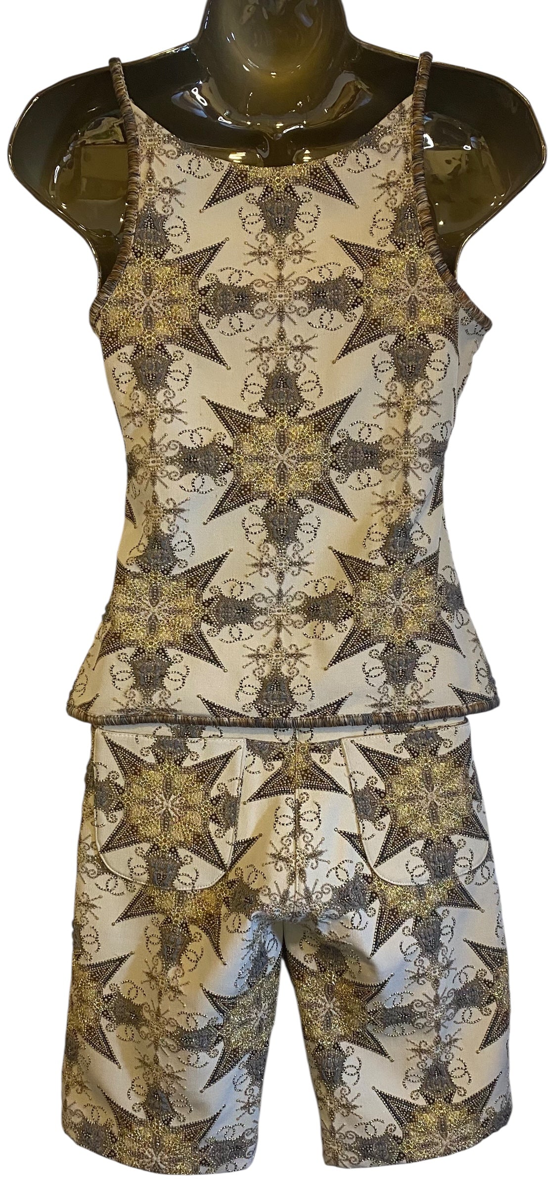 Rare Chanel 06P Ecru Gold Metallic Tank Top Camisole & Matching Shorts SET FR 38