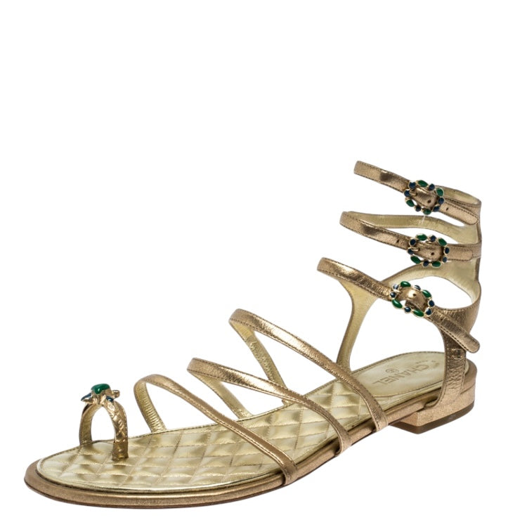 Chanel 15P Gold Metallic Jeweled Gladiator Sandal Flats EU 38.5