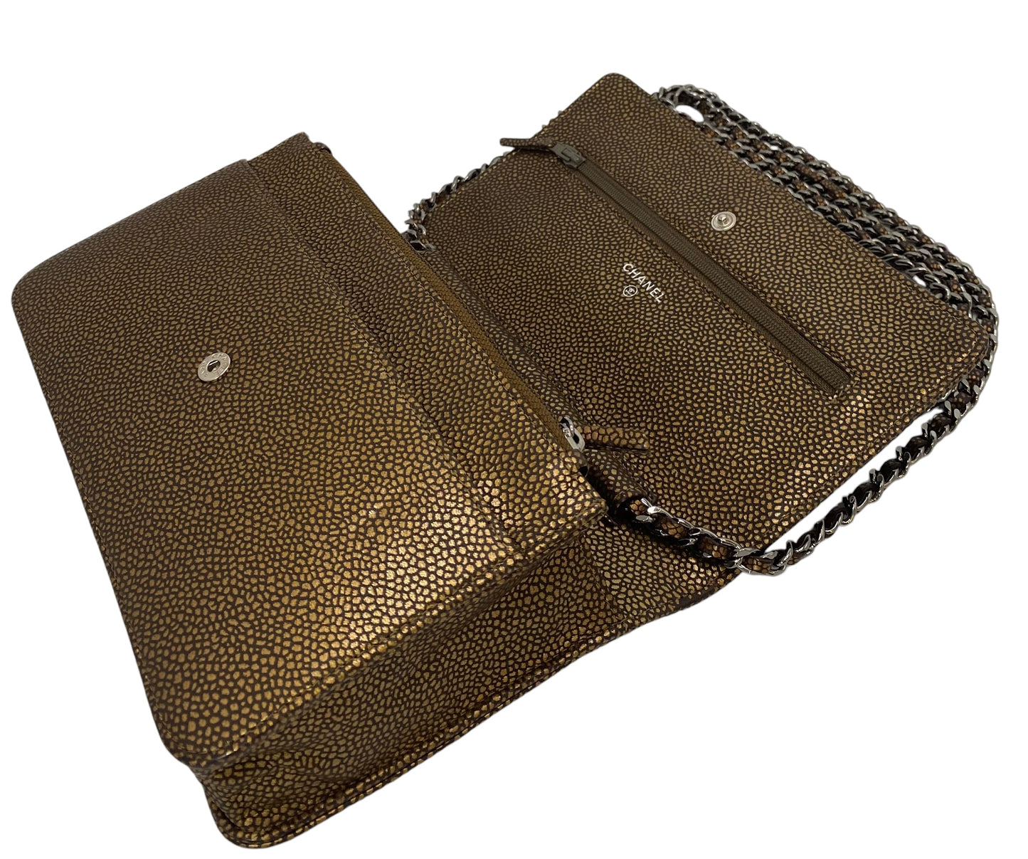 Chanel Gold Bronze Metallic Caviar Timeless Wallet on Chain Double CC WOC