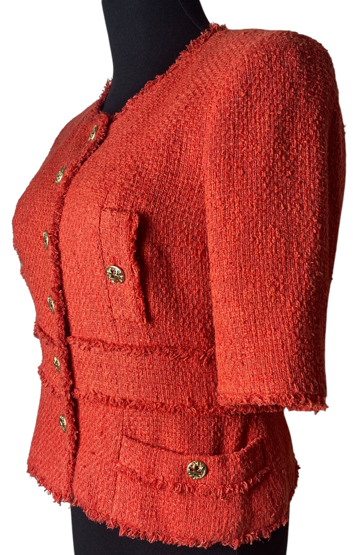 Chanel 10P Runway Red Boucle Tweed Fringe Jacket FR 44