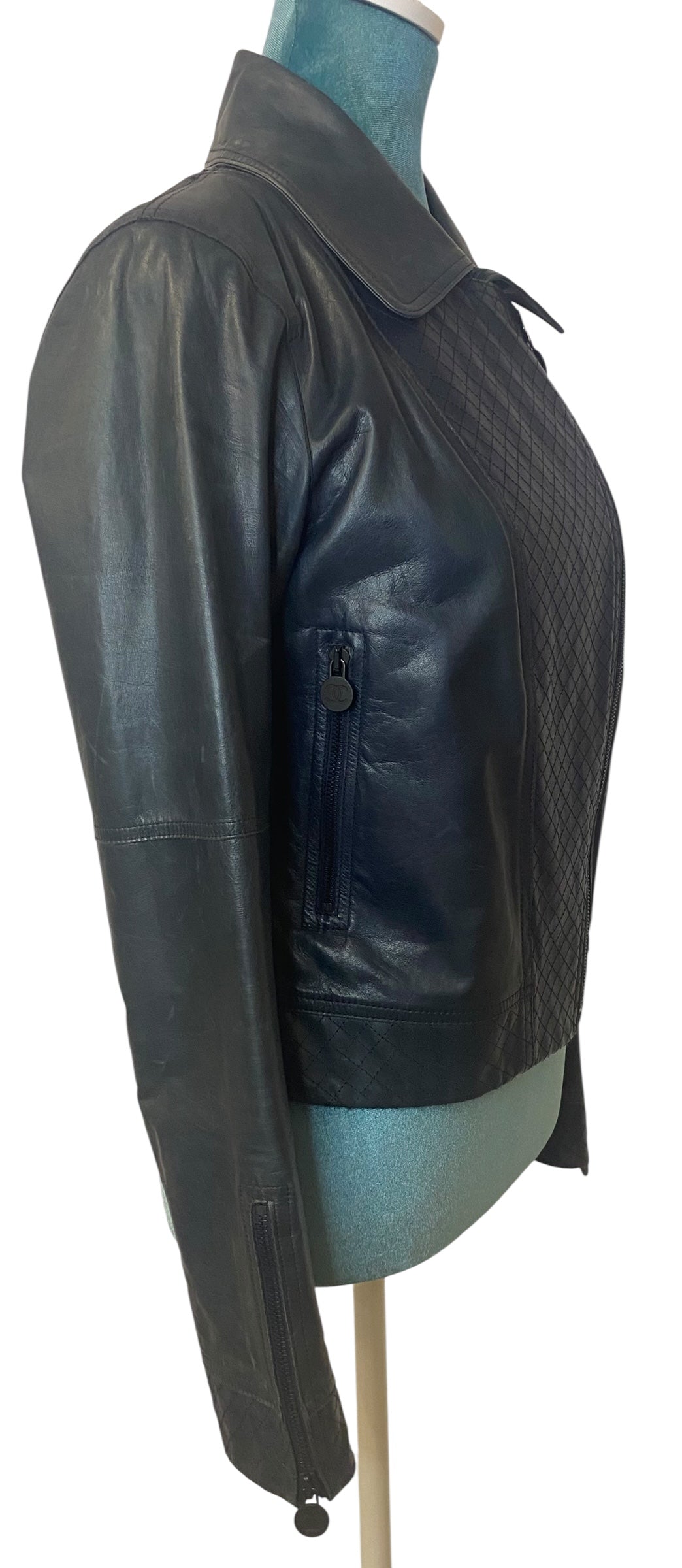 Chanel 12P Navy Blue Petrol Quilted Leather Biker Jacket FR 36