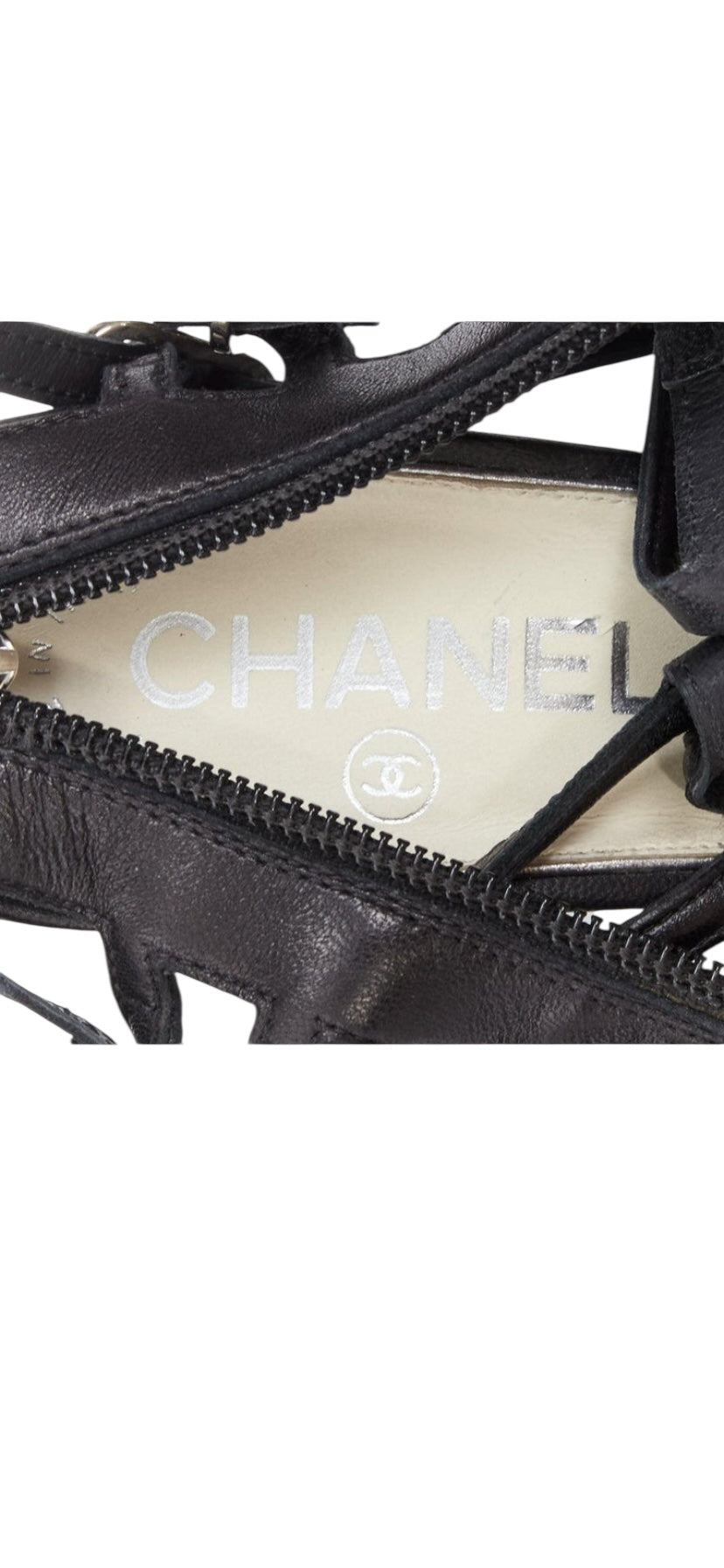 Chanel 2010 Black Leather Interlocking CC Gladiator Wedge Sandals EU 39