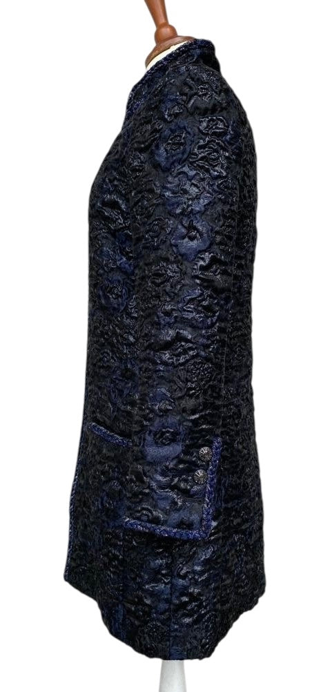 Chanel 16A Paris Rome Black Navy Metallic Camellia Jacquard Braid Long Coat Jacket FR 38