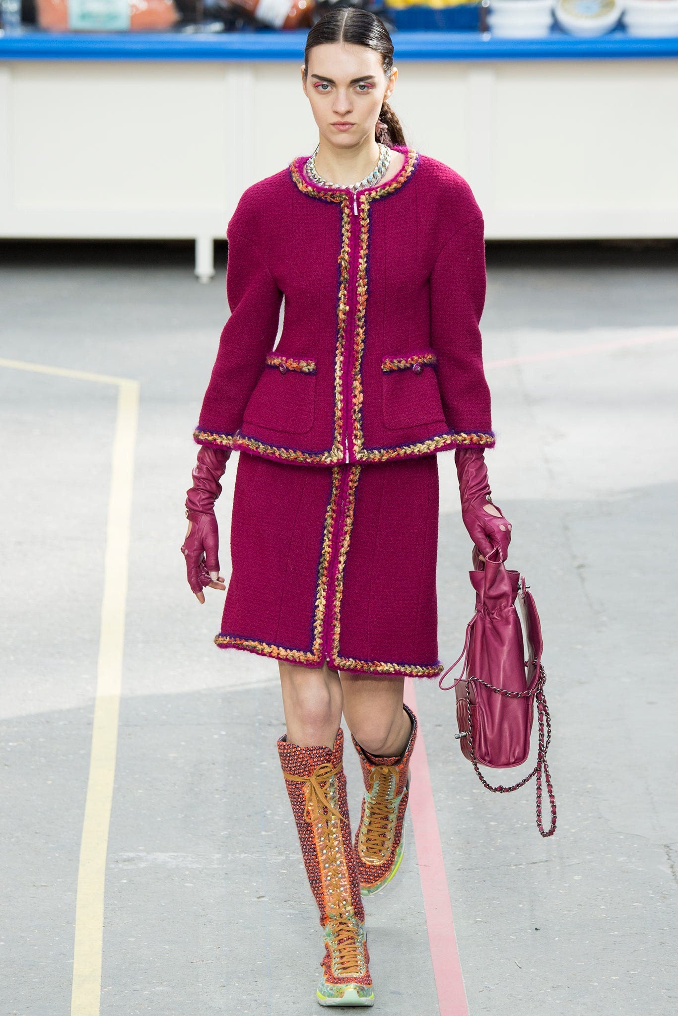 Chanel 14A Supermarket Collection Raspberry Jacket FR 38 and Multicolor Matching Silk Blouse SET FR 38
