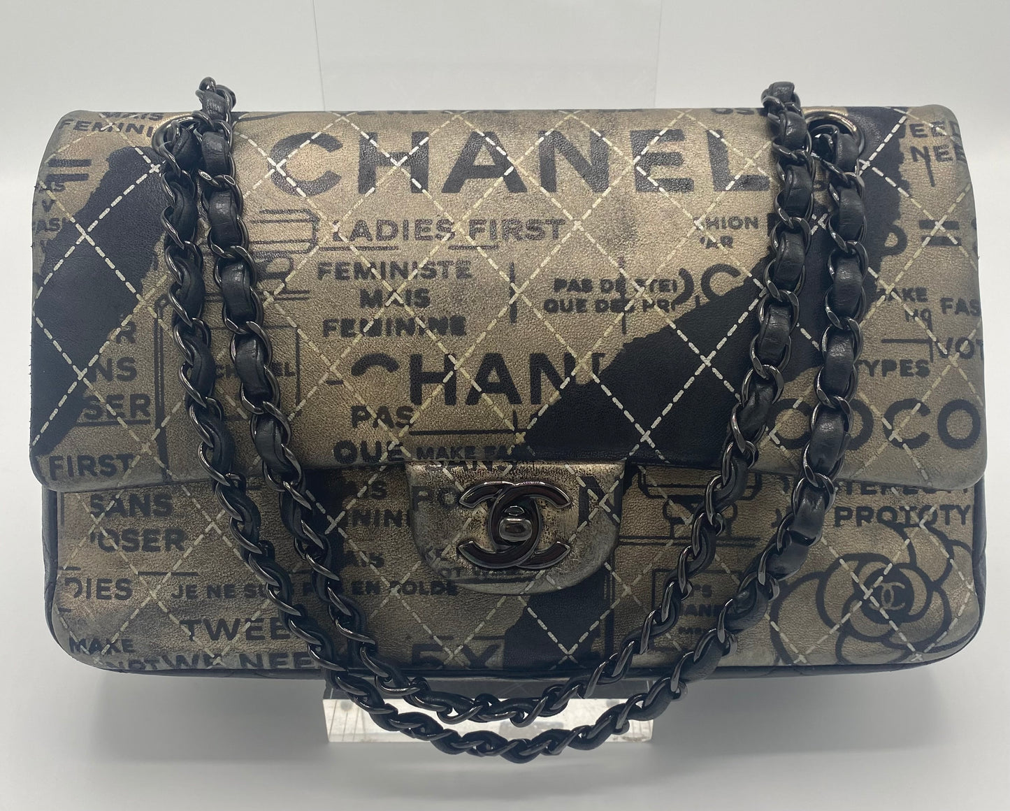 CHANEL 2015 GRAFFITI NEWSPAPER MEDIUM CLASSIC DOUBLE FLAP BAG SO BLACK