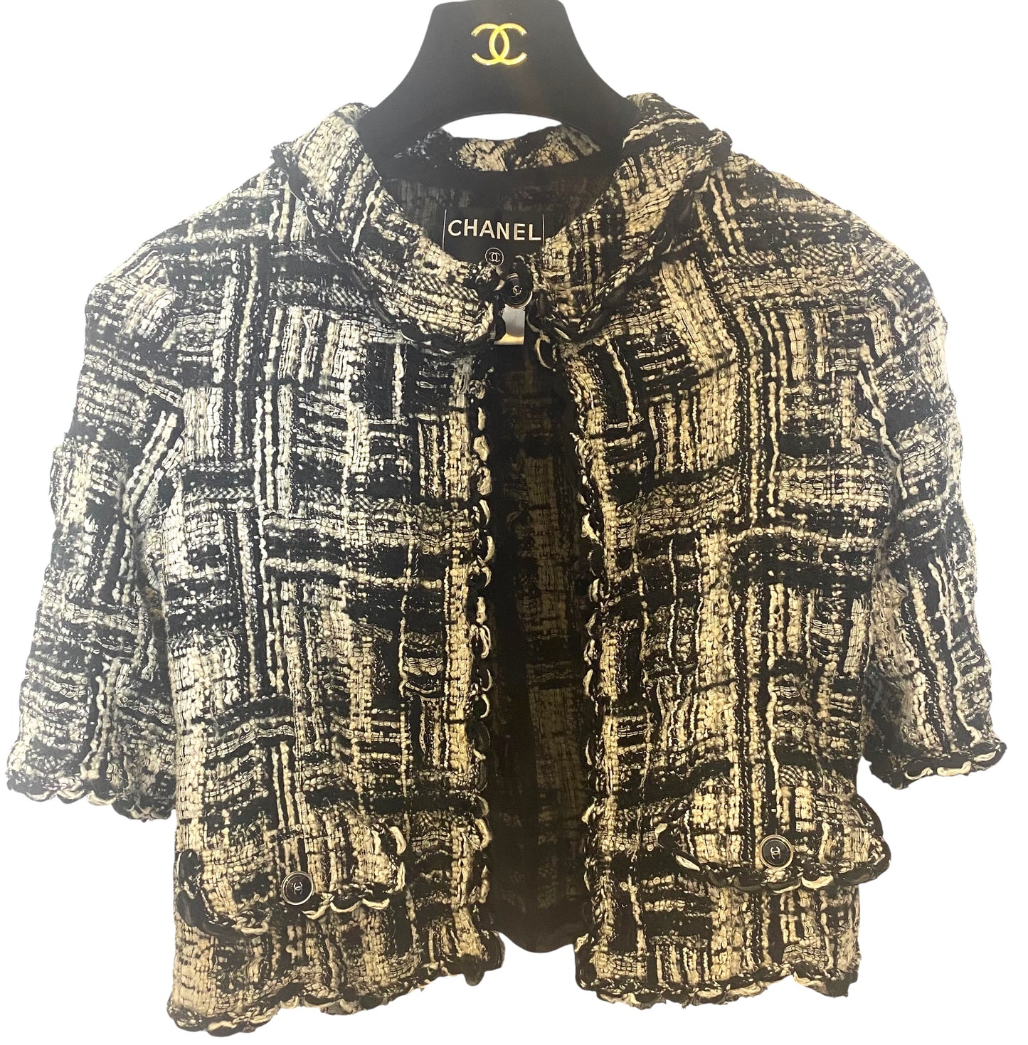 Chanel 07C Runway Fantasy Tweed Black White Short Jacket FR 38/40