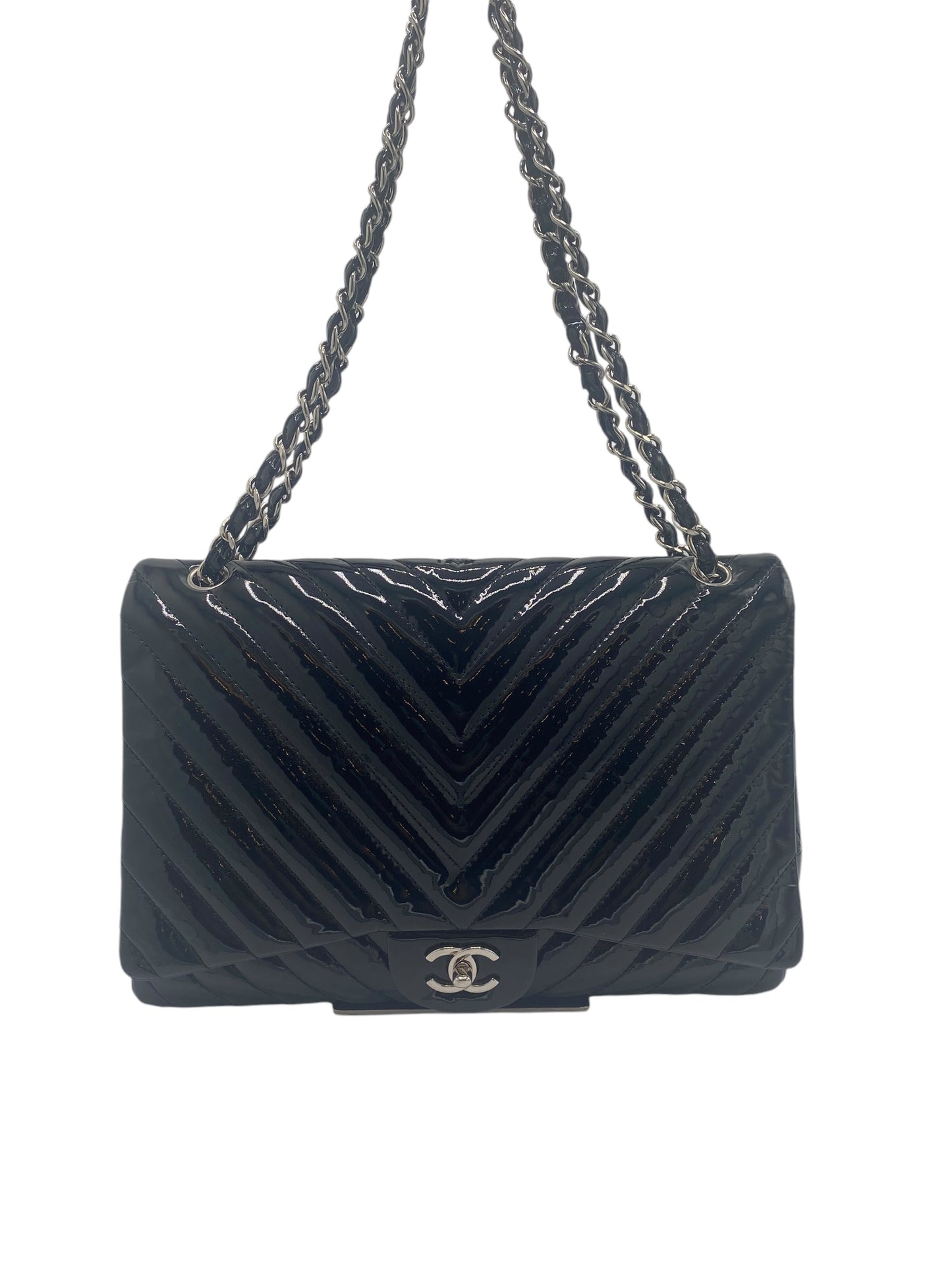 Chanel Black Maxi Patent Chevron Classic Flap Bag