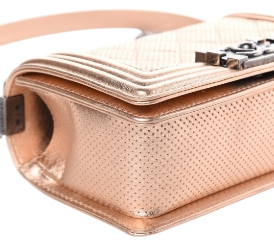 Chanel 15C Paris Dubai Rose Gold Metallic Calfskin Perforated Small Boy Flap Bag