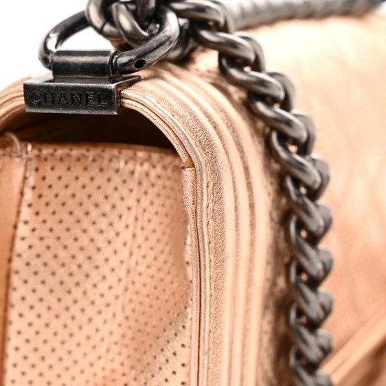Chanel 15C Paris Dubai Rose Gold Metallic Calfskin Perforated Small Boy Flap Bag