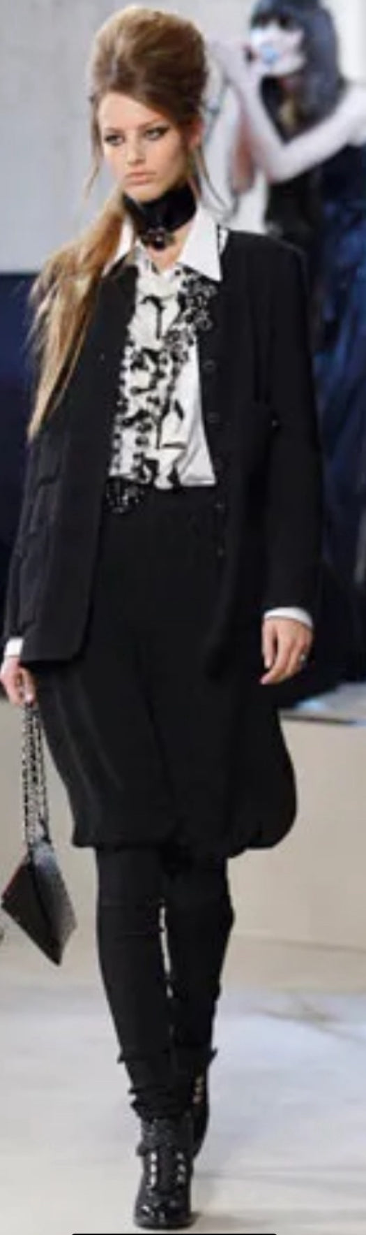 Chanel 08A Runway Silk Pleated Camellia Ecru Black Blouse FR 36