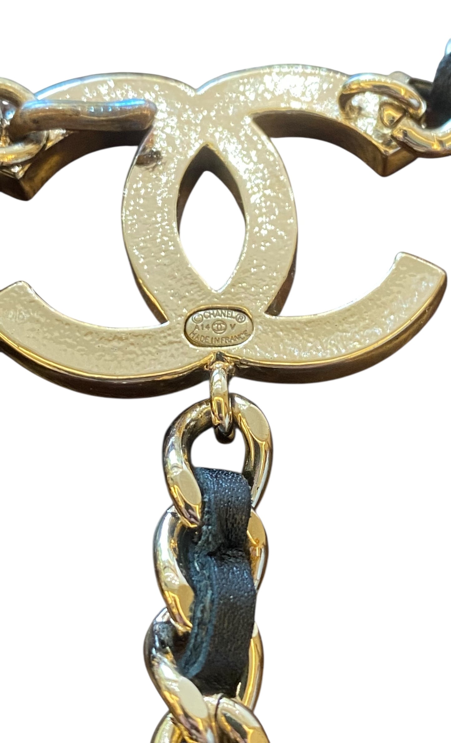 Chanel 2014 Black Leather CC Charm Gold Tone Chain Belt/Necklace