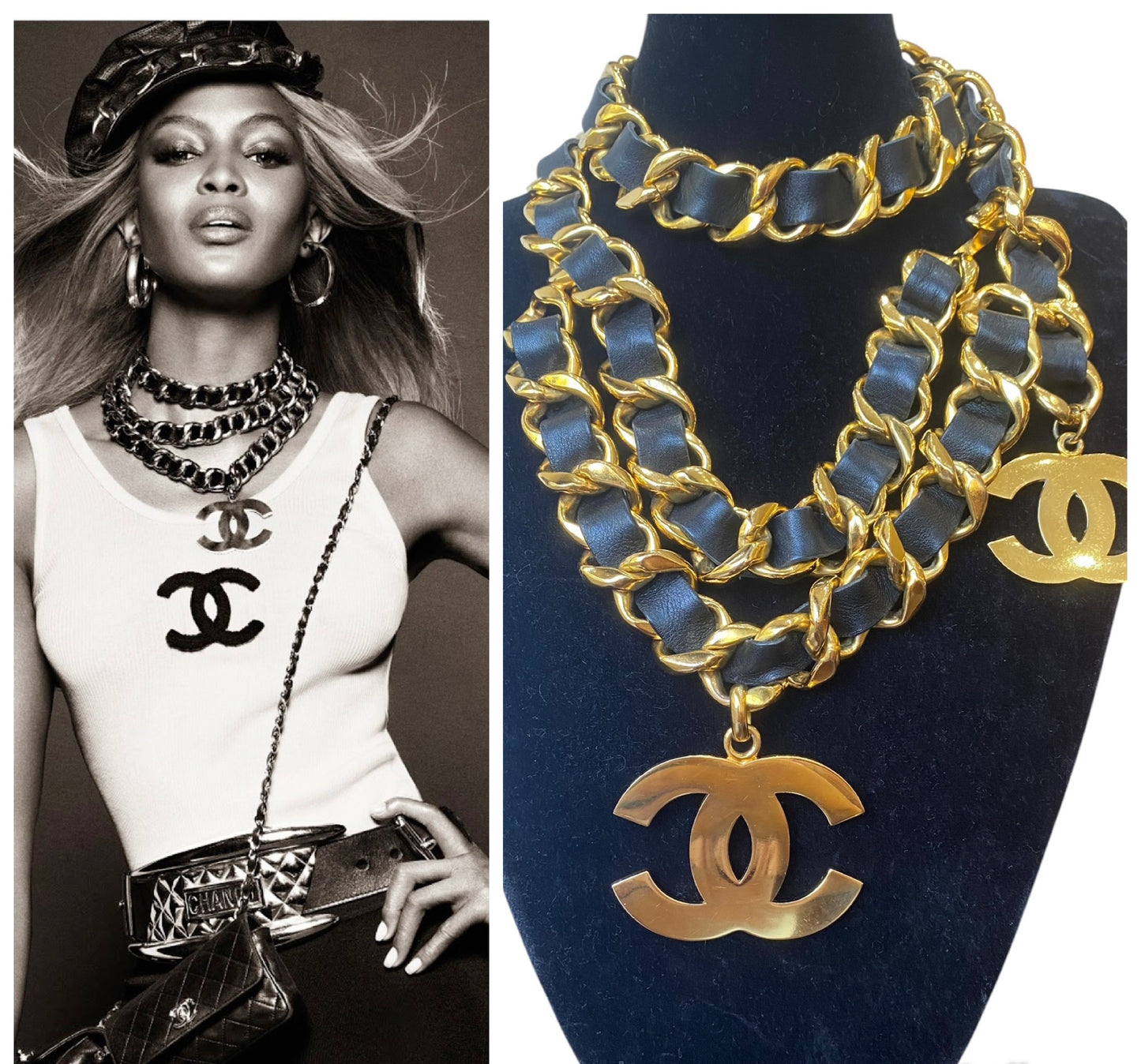 Iconic Vintage Chanel 93P Jumbo Gold Chain CC Logo Black Leather Belt Necklace