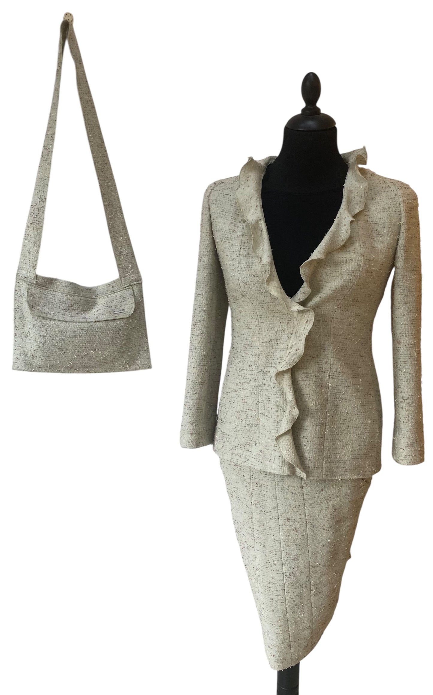 Rare 3 Piece SET Chanel 99A Mint Green Tweed Skirt Suit Matching Crossbody Bag FR 42