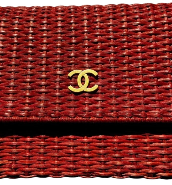 Chanel Extremely Rare 2001 Spring Red Wicker Basket Classic Flap Handbag with Matte Gold Hardware
